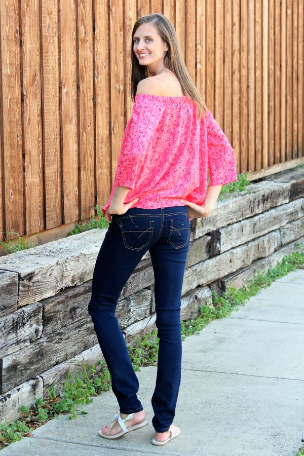 Tall off-shoulder top with dark blue jeans in a 35" inseam.
