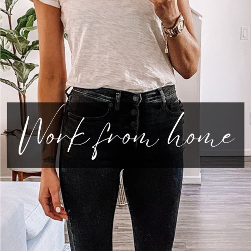 Work from home outfit includes a basic white tee and black skinny jeans for tall women.
