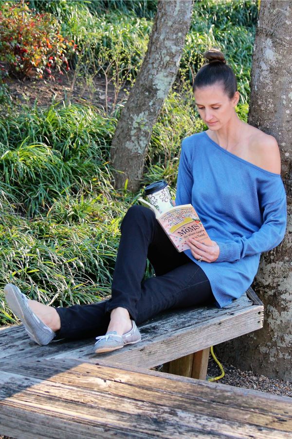 Trendy cold-shoulder tall sweater in blue.