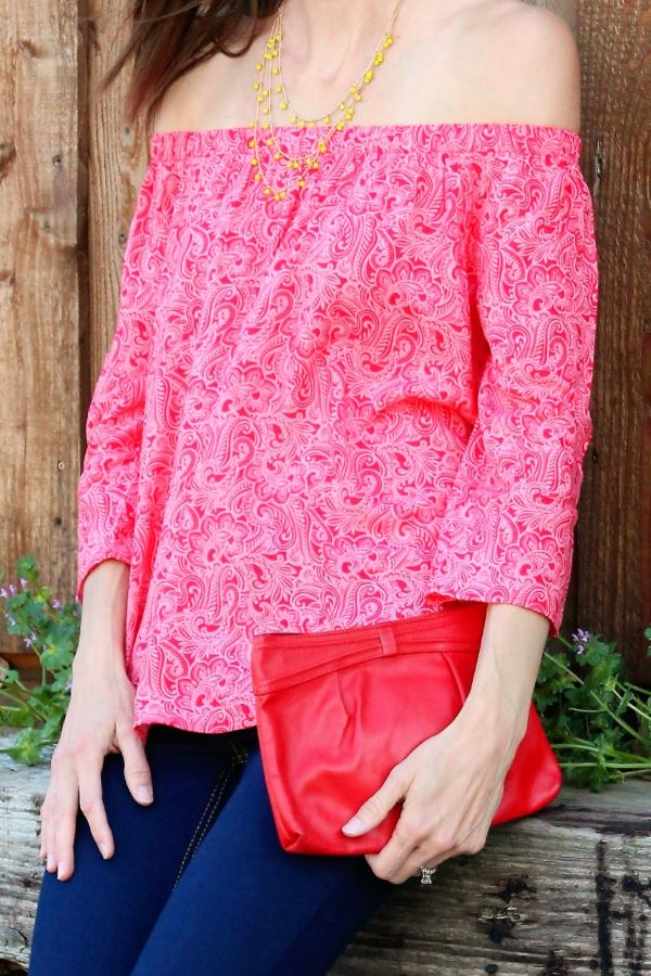 Red, multi-patterned off-the-shoulder blouse in tall.